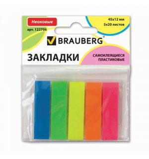 BRAUBERG Закладки самоклеящиеся неоновые, 45х12 мм, 5 цветов х 20 листов, в пластиковой книжке, европодвес