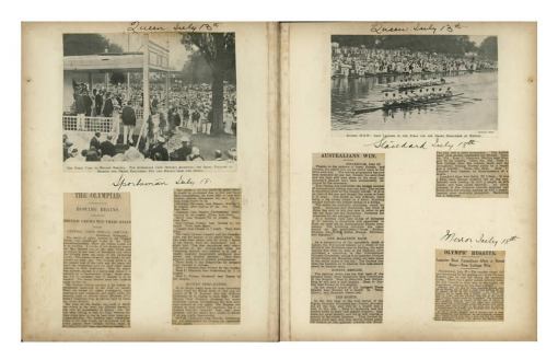 Scrap book 1912: This scrap book records the triumphs and disappointments of the Australian Men’s Eight while competing in Britain and Europe in 1912. ANMM Collection Gift from Christine Stewart. Scrap book 1912: This scrap book records the triumphs and disappointments of the Australian Men’s Eight while competing in Britain and Europe in 1912. ANMM Collection Gift from Christine Stewart.